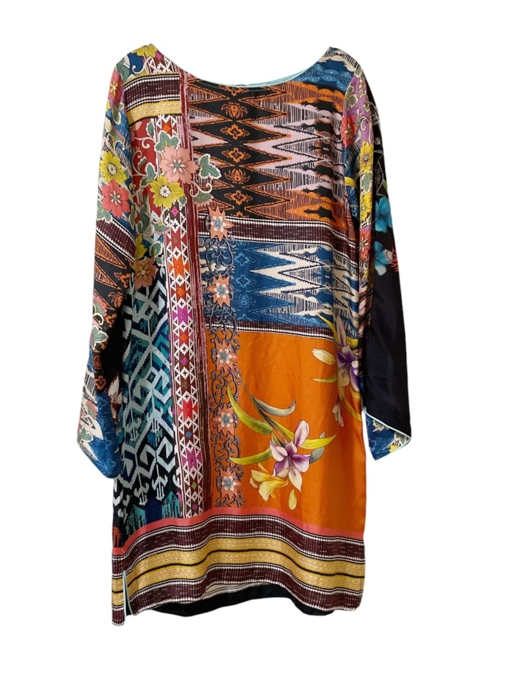 Johnny Was Luna Dress Small Silk Patchwork Floral Orange Flare Sleeves Boho